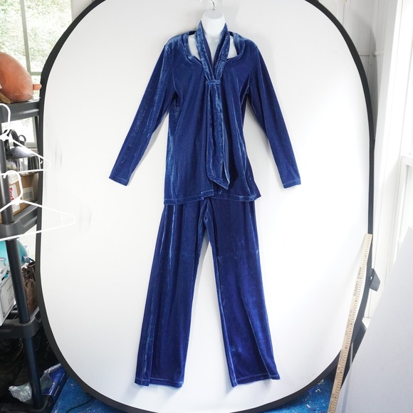 City Triara Pants - VTG City Hearts Blue Velvet Pant Set Long Sleeve Top‎ Matching Set Mature Party